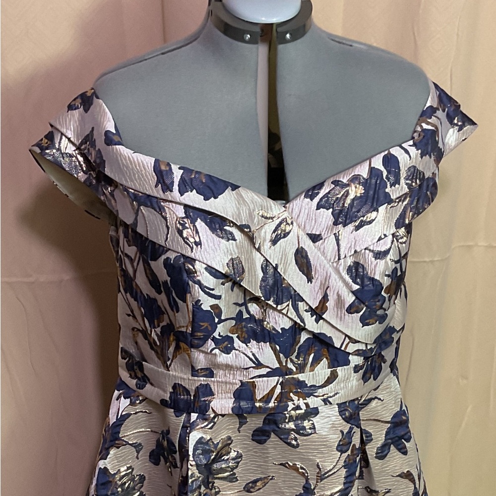 Oleg Cassini Metallic Brocade Off The Shoulder High Low Dress - Picture 5 of 15